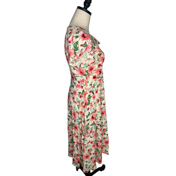 NEW! Anthropologie Lindy Bop 6 Rose Print Swing Midi Dress 100% Rayon White Pink - Picture 4 of 10